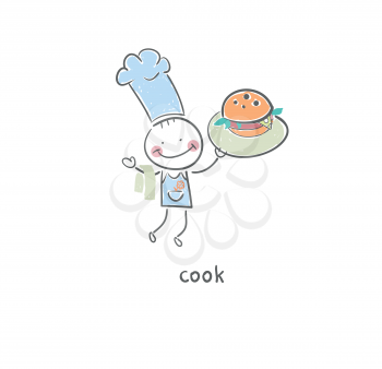 Cook holds a hamburger. Illustration.