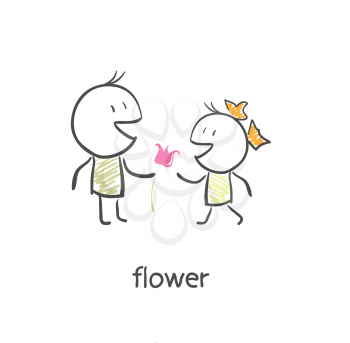 The guy gives a girl a flower