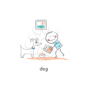 A man feeds the dog. Illustration.