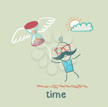 man flying with an hourglass