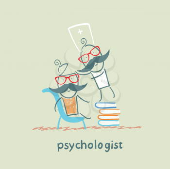 psychologist is on a stack of books and looks inside the patient's head