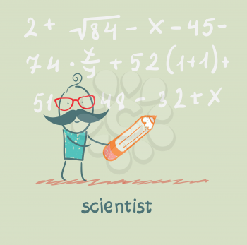scientist holding pen writes equation