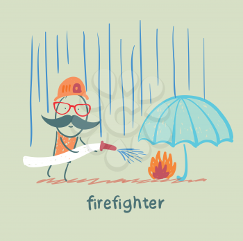 firefighter stands in the rain and extinguish the fire under the umbrella