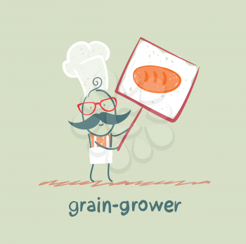 grain grower holds a poster with bread