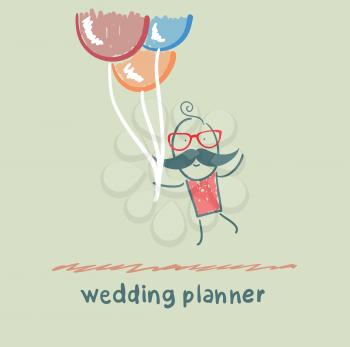 wedding planner flying with balloons