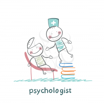 psychologist is on a stack of books and looks inside the patient's head