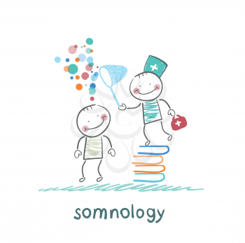 somnology standing on a pile of books and dreams of catching a butterfly net patient