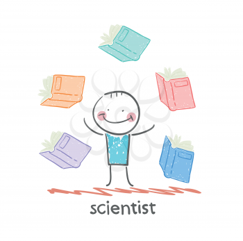 scientist with books around