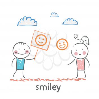 man and girl holding posters with fun emoticons