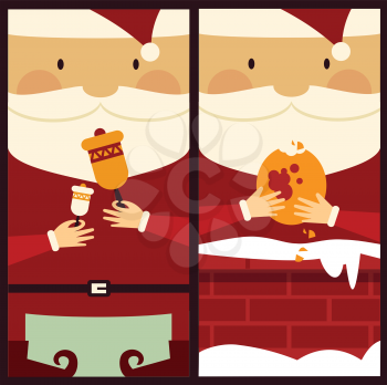 Santa Claus rings the bell and eats cookies illustration