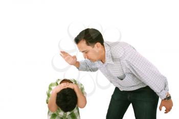 Dad scolding his son, father with son isolated on white 