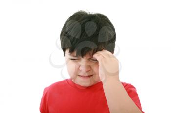 A boy with a headache; isolated on the white background 
