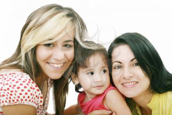 Happy portrait of beautiful young mother with two daughter looking  to camera, isolated on white