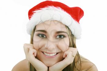 Picture of pretty christmas girl in santa hat, smiling isolated on white background