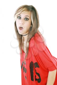 Shocked trendy teenage girl posing mouth open 
