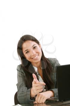 attractive business woman pointing her finger 
