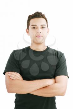 Young man in black shirt with arms crossed isolated on white