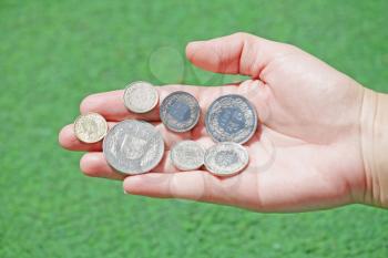 Total set of swiss franc coins hold in open hand 