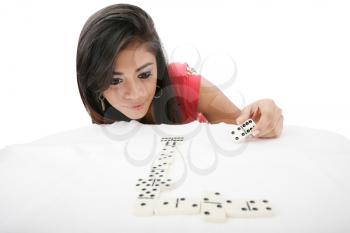 A portrait of a young woman trying to make a decision over white background 