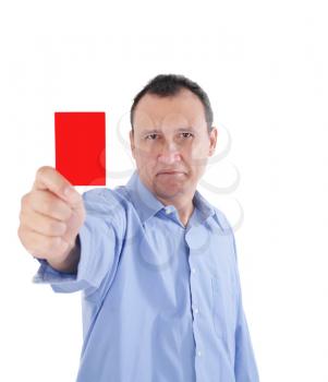 Young businessman is showing a red card 
