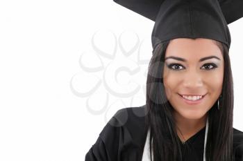 Educational theme: graduating student girl in an academic gown. Isolated over white background. 
