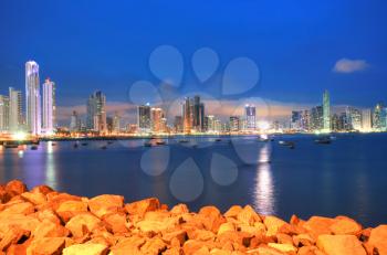 Panama City, city center skyline and Bay of Panama, Panama, Central America in the sunset