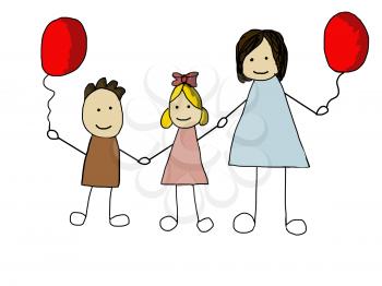 doodle family - cartoon illustration in hand drawn style. Mom with her child