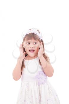 Portrait of emotionally kid. Funny little girl isolated on white background. Beautiful caucasian model. 