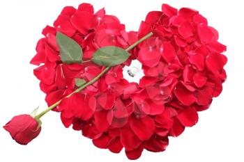 Red rose petals in heart shape with rose arrow and diamond ring in the middle isolated