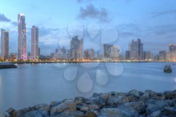 Panama City center skyline and Bay of Panama, Panama, Central America in the sunset