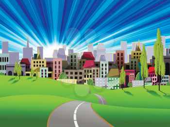 Royalty Free Clipart Image of a Road Leading to a City