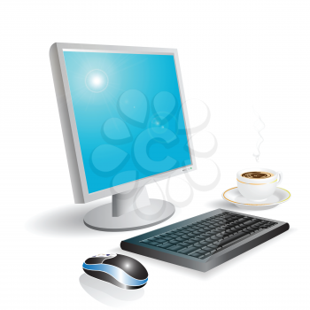 Royalty Free Clipart Image of a Cup of Coffee Near a Computer