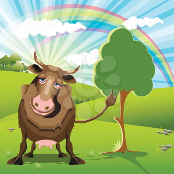 Royalty Free Clipart Image of a Cow Outdoors