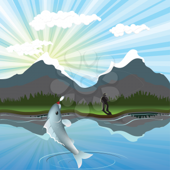 Royalty Free Clipart Image of a Fisherman Reeling in a Fish