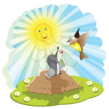 Royalty Free Clipart Image of a Mole Giving a Bird a Flower
