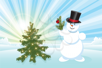 Royalty Free Clipart Image of a Snowman with a Tree
