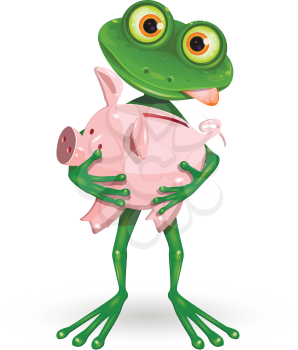Royalty Free Clipart Image of a Frog Holding a Piggy Bank