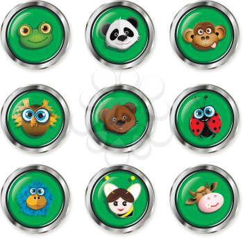 Illustration, nine buttons with cartoon animal icons