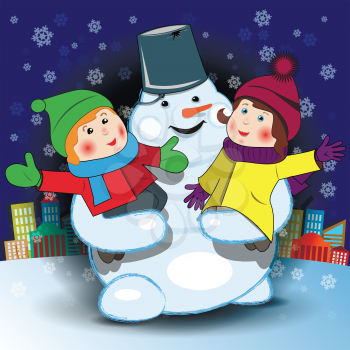 Illustration of a cheerful snowman with children in their arms