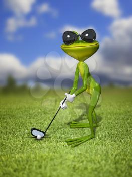 Illustration frog golfer on a green lawn