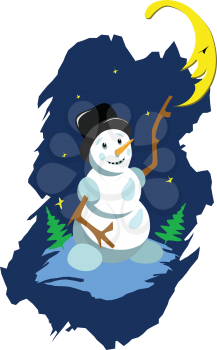 Stock Illustration Snowman and Moon on a White Background