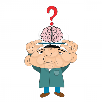 Stock Illustration Cartoon Man with Brain on Tray on a White Background