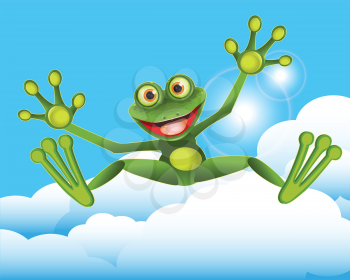 Stock Illustration of a Green Frog Jumping in the Clouds