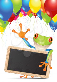 Royalty Free Clipart Image of a Tree Frog Holding a Blackboard and Balloons Overhead