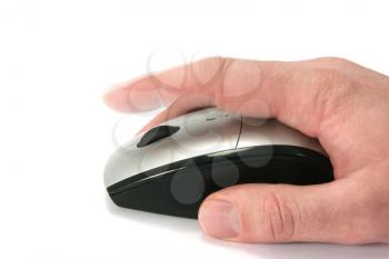 Hand of a man clicking a mouse button, side view, isolated on white, finger in movement
