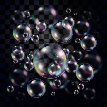 Transparent and multicolored soap bubbles over dark background, editable vector for usage over your own background