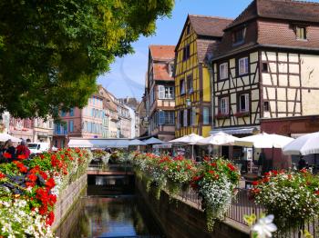Traditional french houses on the side of the river Lauch in Petite Venise, Colmar, France