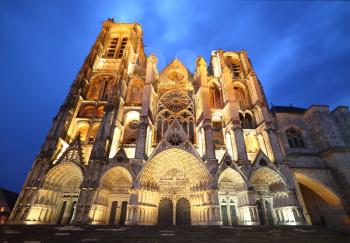 West facade of Saint-Etienne Cathedral at blue hour, Bourges, Centre-Val de Loire, France