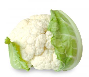 Fresh cauliflower with green leaves isolated on white background