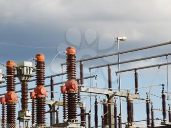 High voltage electric power transformer substation. Industrial ceramic insulators.